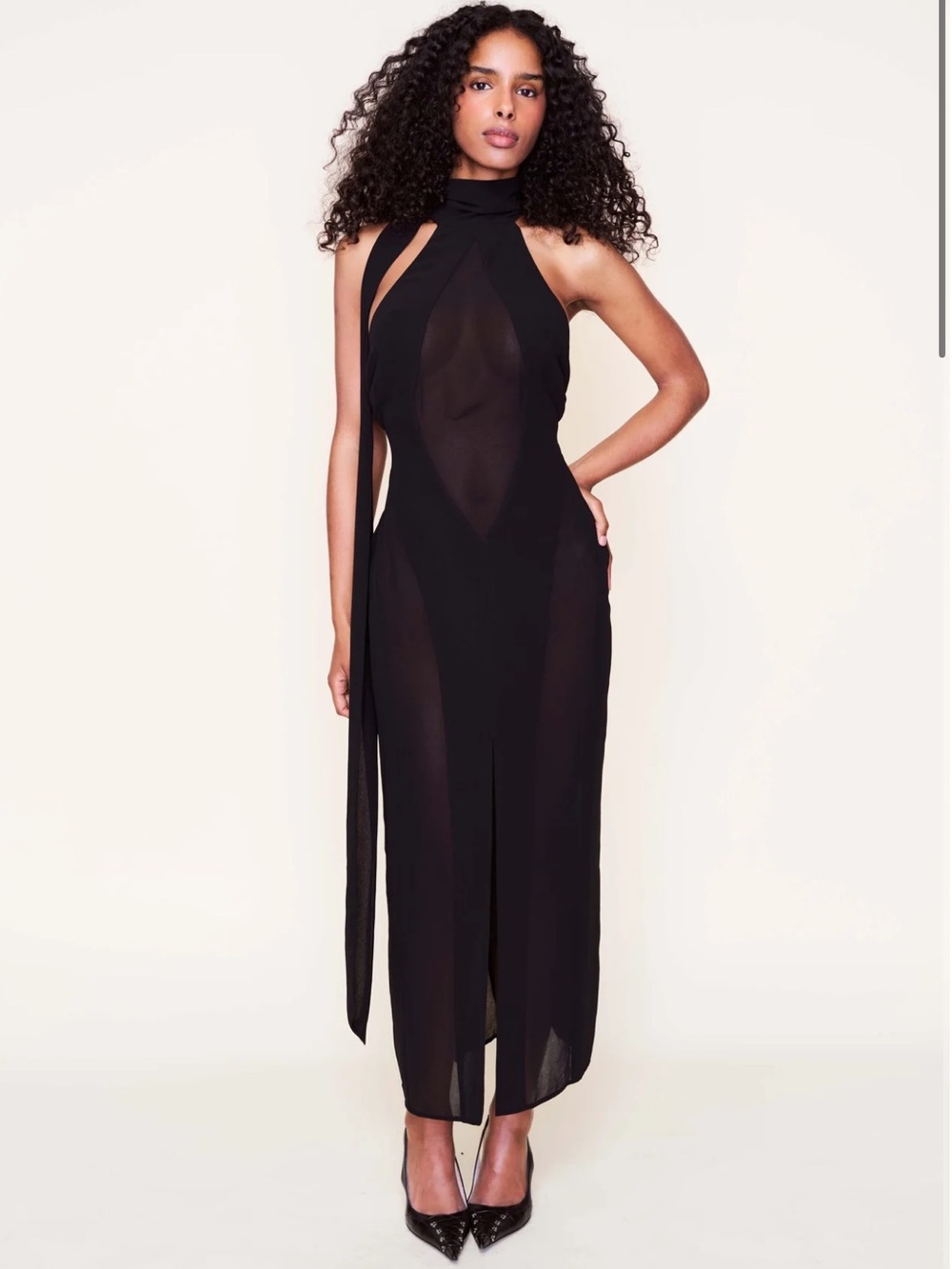 Sheer Cutout Halter Maxi Dress - Black